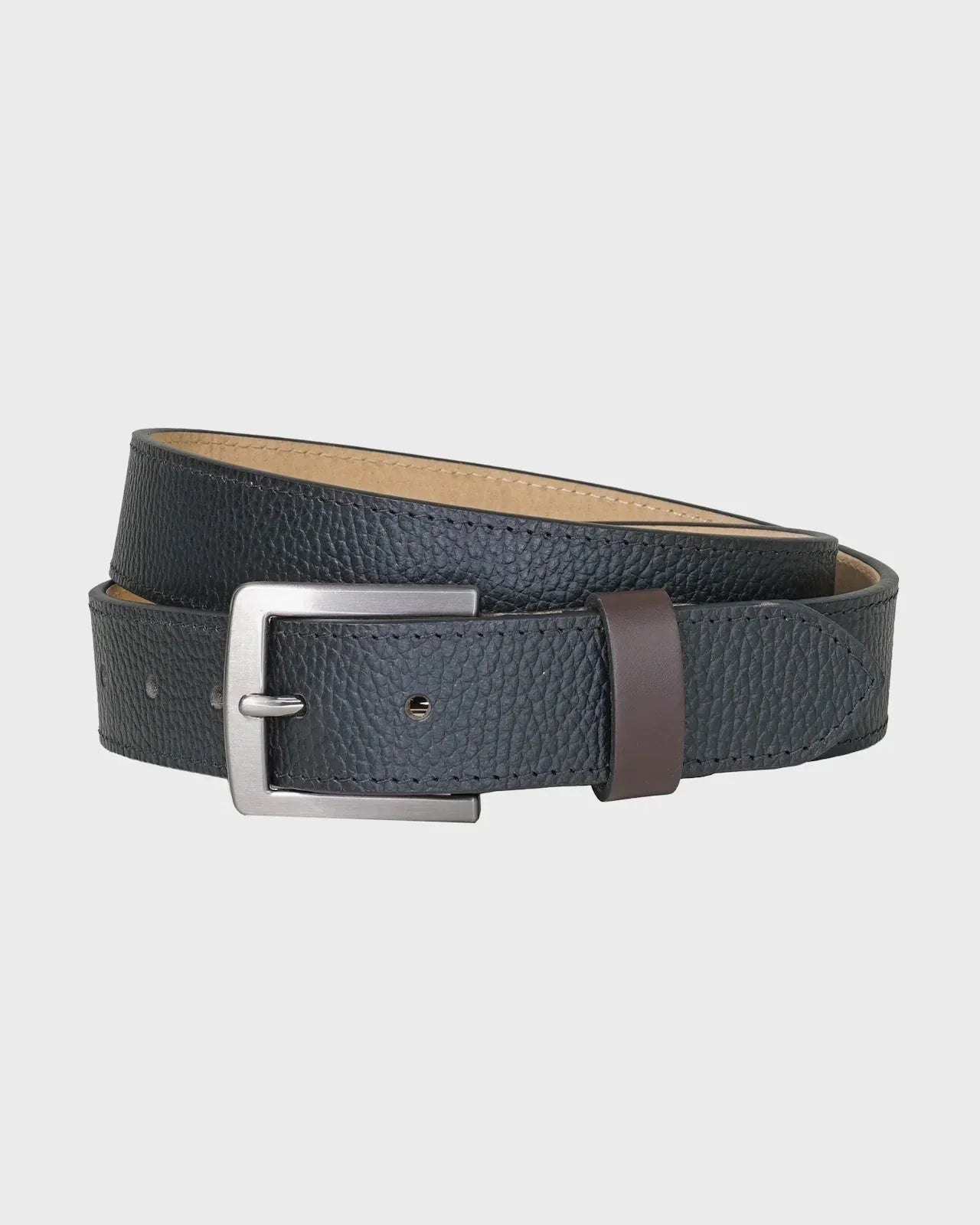 Navy belt with a silver buckle on a light gray background