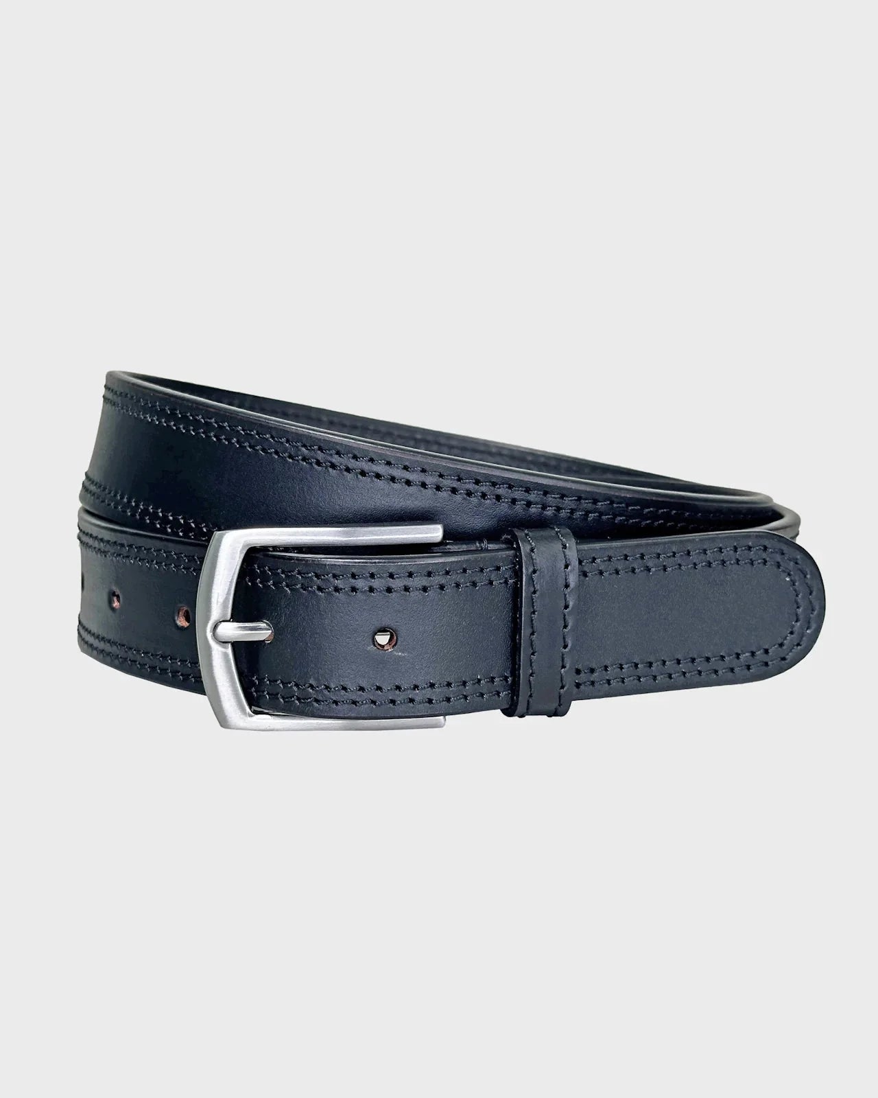 Black leather belt on a light gray background