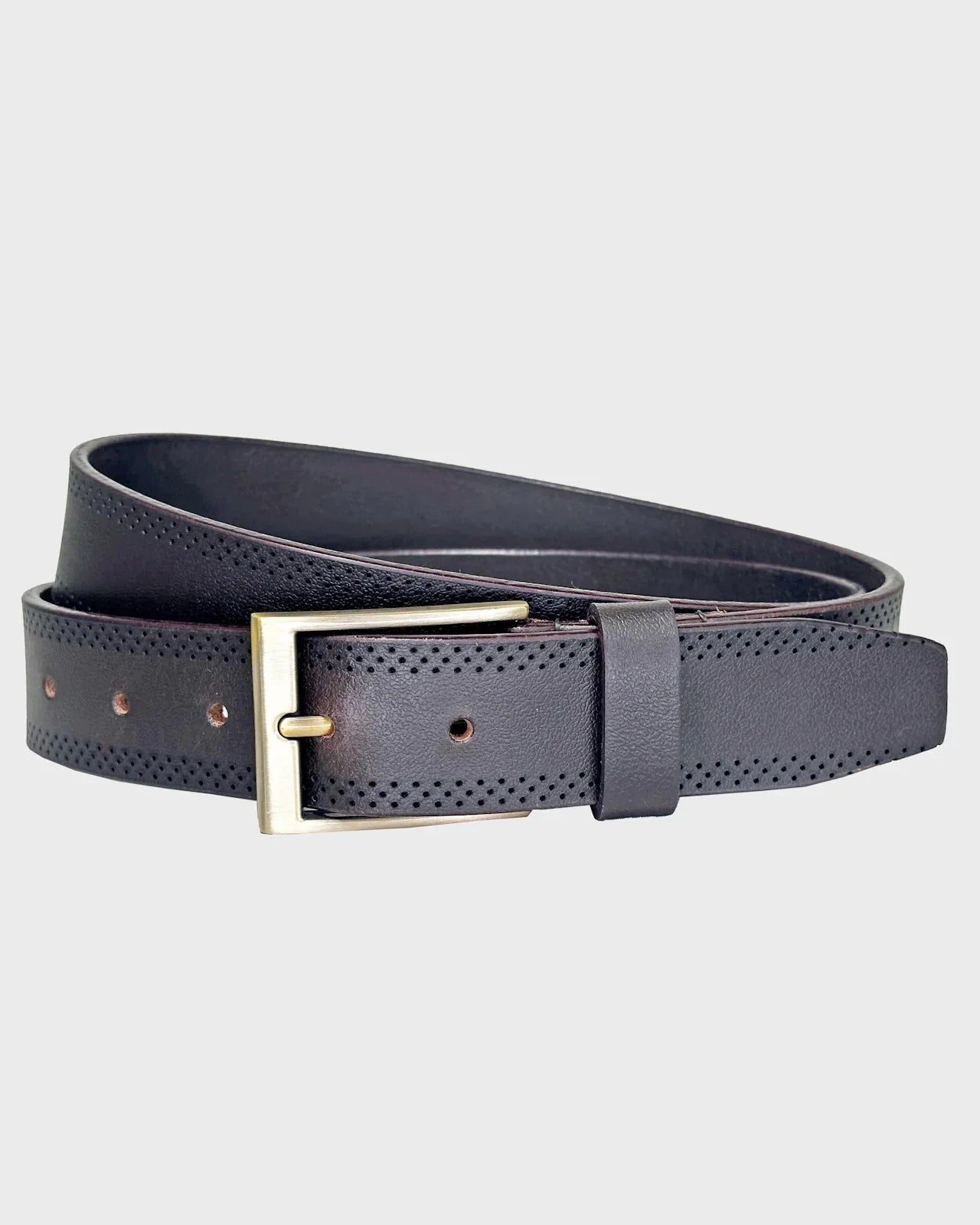 Brown belt with a brass buckle on a light gray background