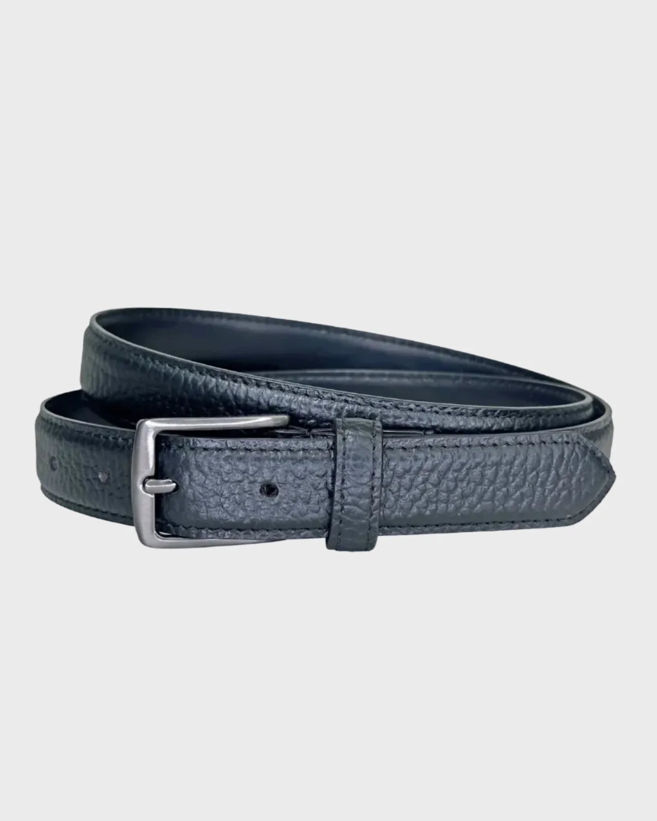 Black leather belt on a light gray background