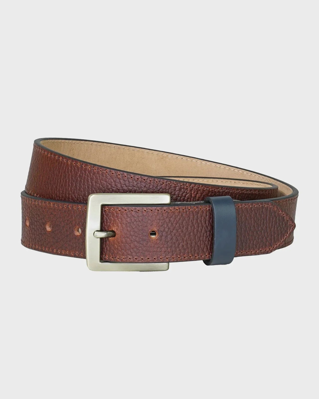 Brown leather belt with a silver buckle on a light gray background