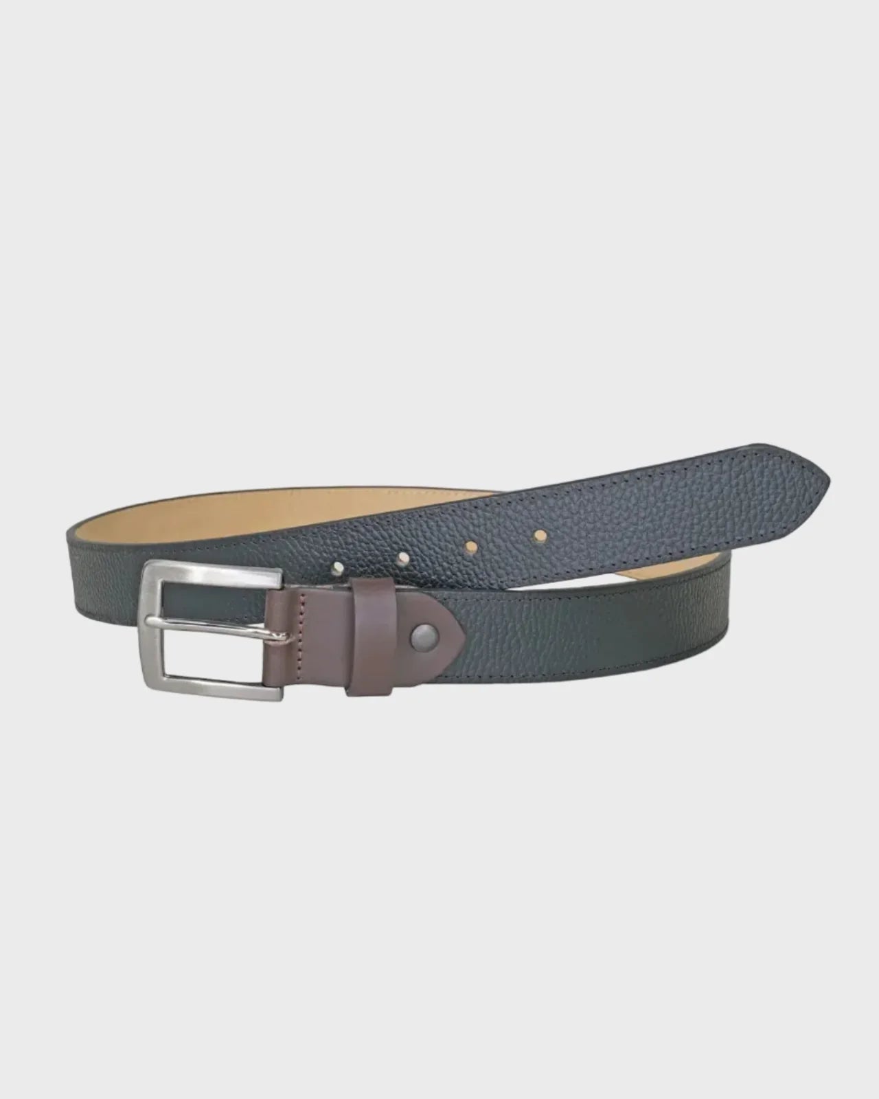 Navy belt with a silver buckle on a light gray background