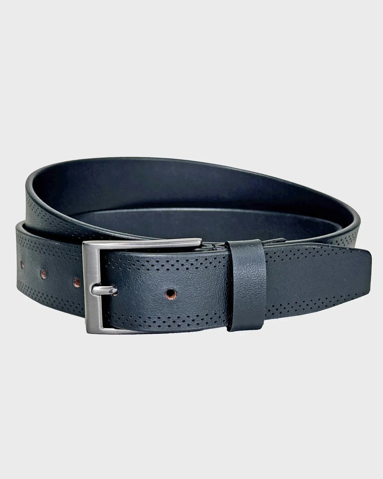 Black leather belt with a silver buckle on a light gray background