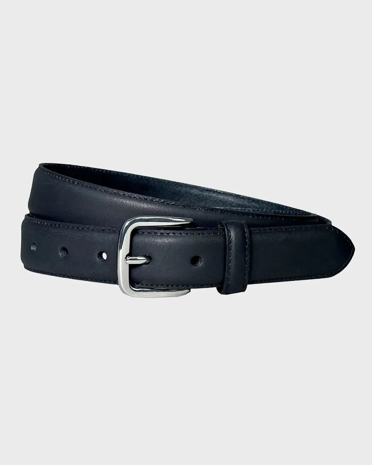 Black leather belt on a light gray background