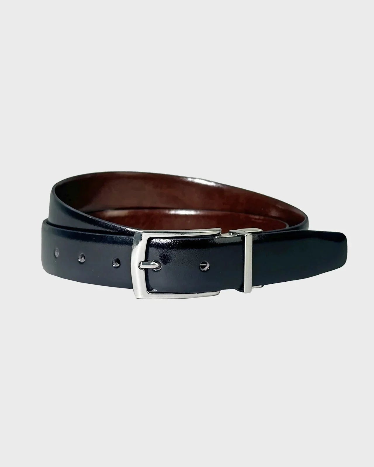 Black and brown belt with silver buckle on a light gray background
